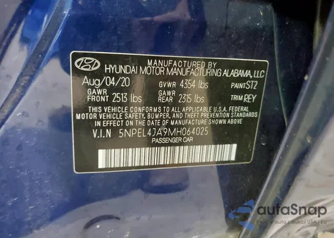 2021 Hyundai Sonata Sel z USA, uszkodzony, nr VIN 5NPEL4JA9MH064025